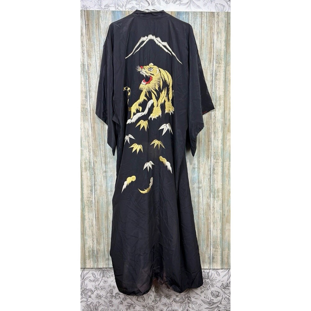 Vintage Japanese Kimono Robe Black Red Gold Embroidered Tiger Acetate 58"